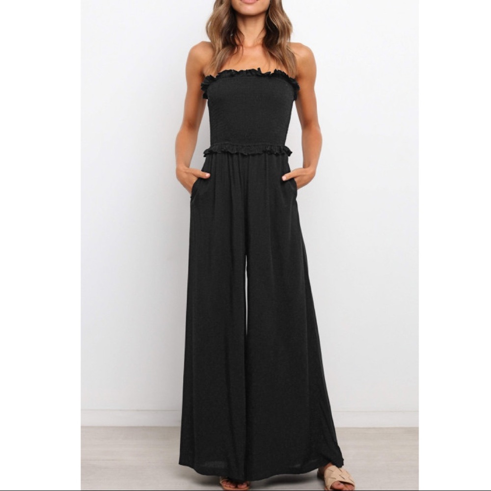Black Smocked Bandeau Wide Leg Jumpsuit - Picture 2 of 7